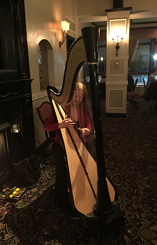 Erin playing her electric harp at Carlyle on the Green