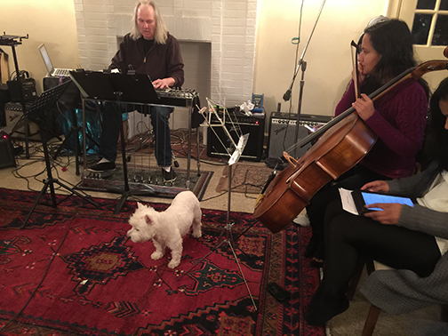 MacLeod the Westie, Mike Nolan & Nelly Rocha at rehearsal